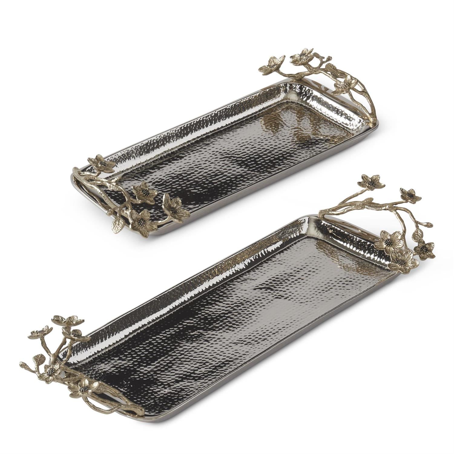 Set of 2 Hammered Metal Trays With Gold Floral Handles