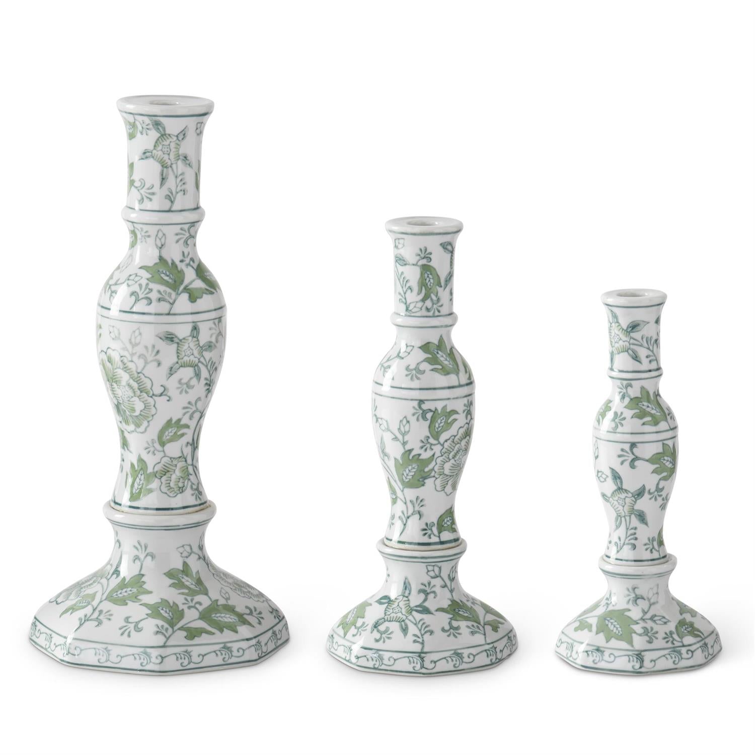 Set of 3 Green & White Floral Ceramic Taper Candleholders