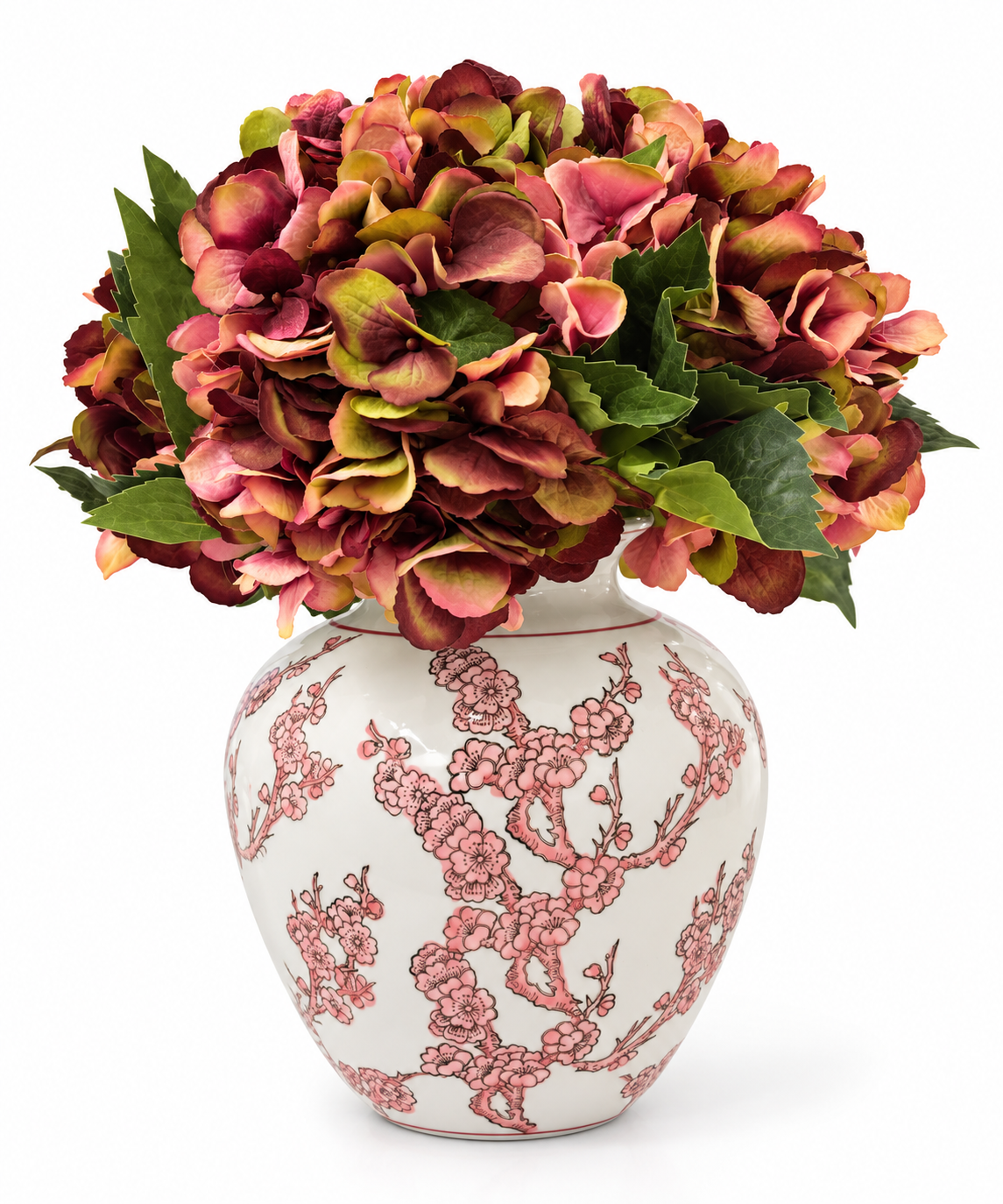 Pink/Burgundy Hydrangea in a Pink White Chinoserie Vase