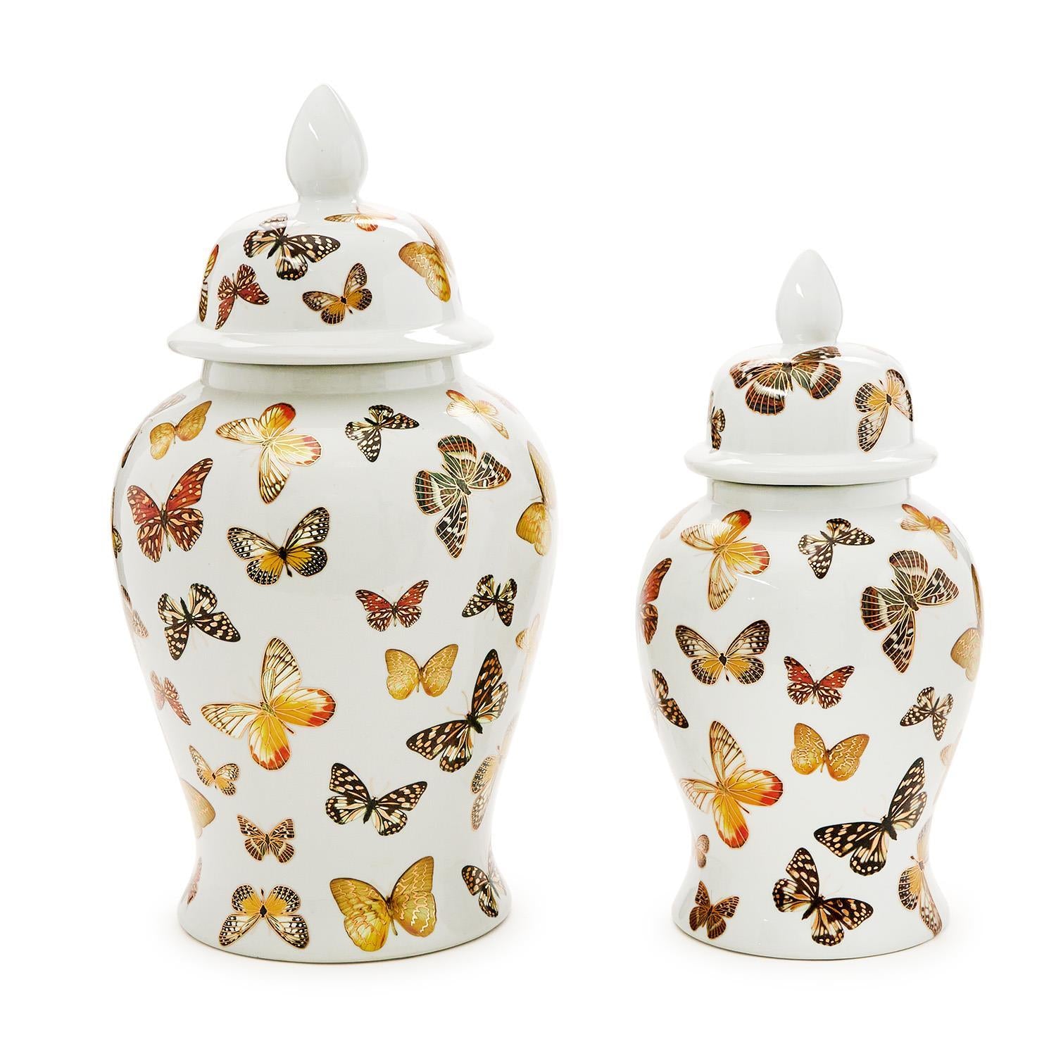 Set of 2 Butterfly Garden Covered Temple Jar
