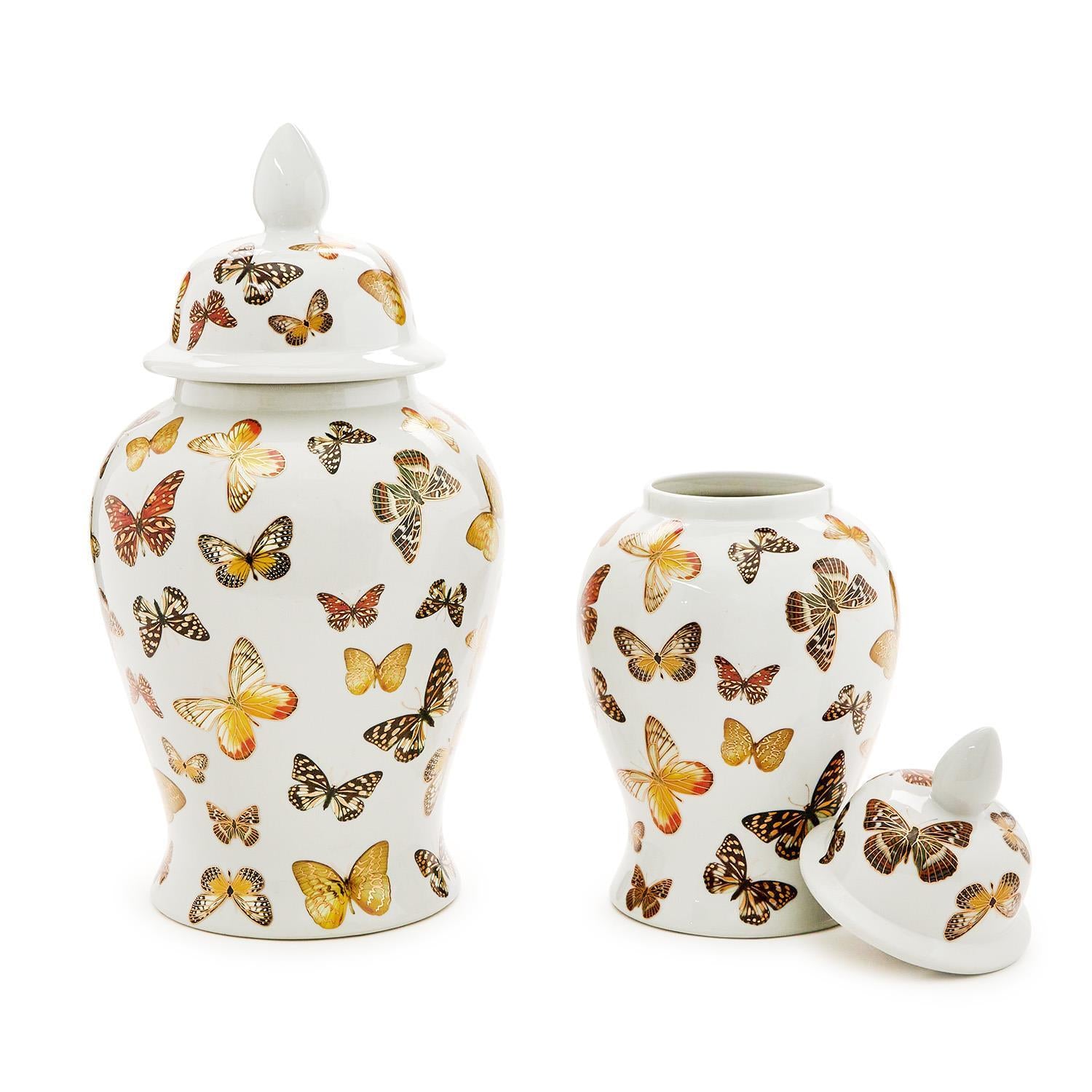 Set of 2 Butterfly Garden Covered Temple Jar
