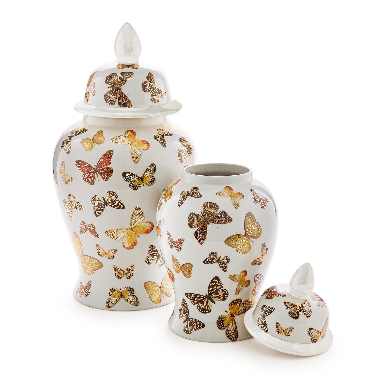 Set of 2 Butterfly Garden Covered Temple Jar