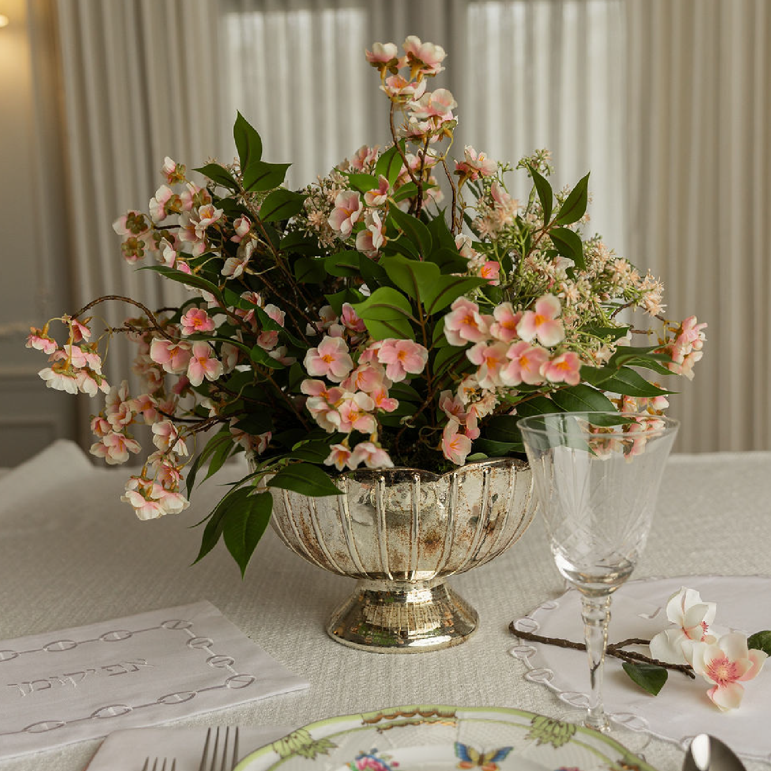 DH Pink Cherry Blossom in Gold Pedestal Vase