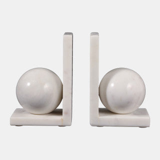 S/2 White 6" Marble Bookend With 3" Orb