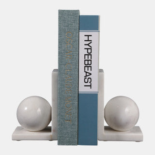 S/2 White 6" Marble Bookend With 3" Orb