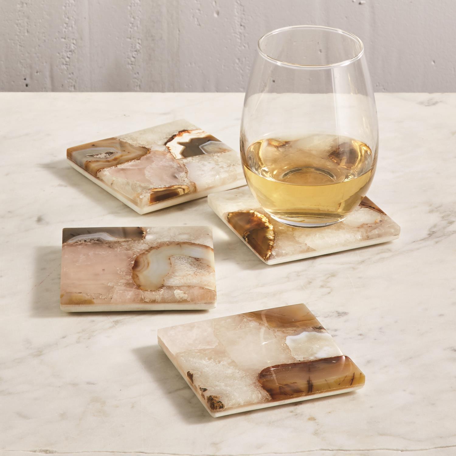 Set of Four Agate Coasters with Marble Base