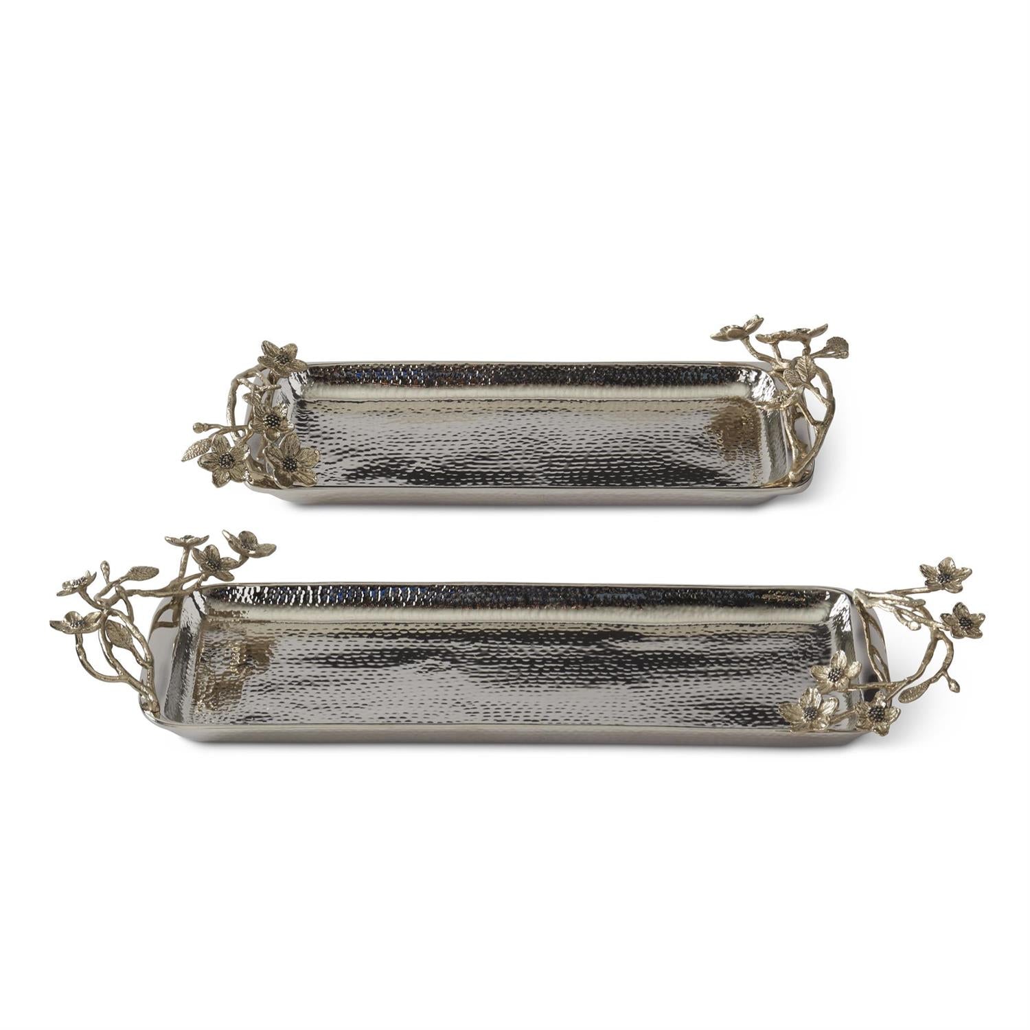 Set of 2 Hammered Metal Trays With Gold Floral Handles