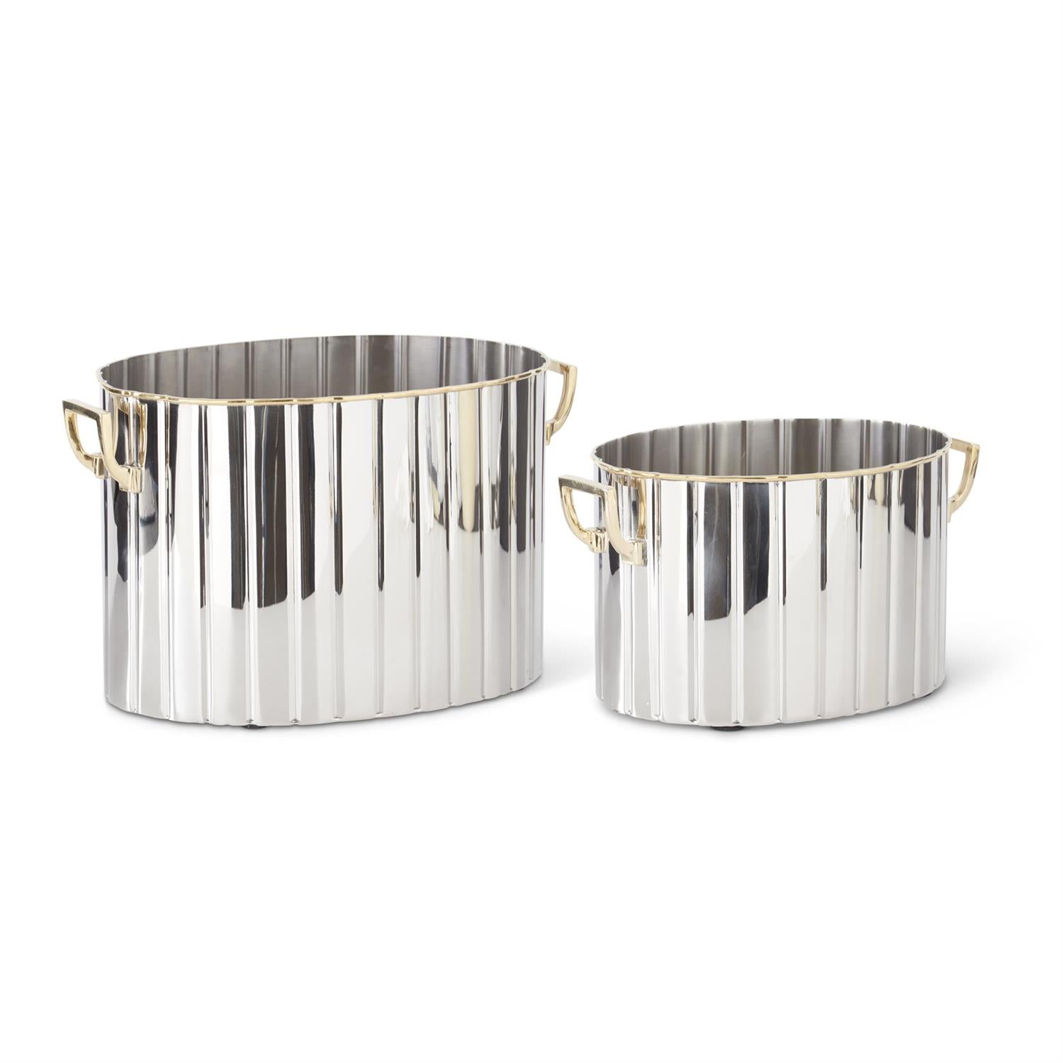 Set of 2 Gold Trimmed Ribbed Oval Wine Chillers