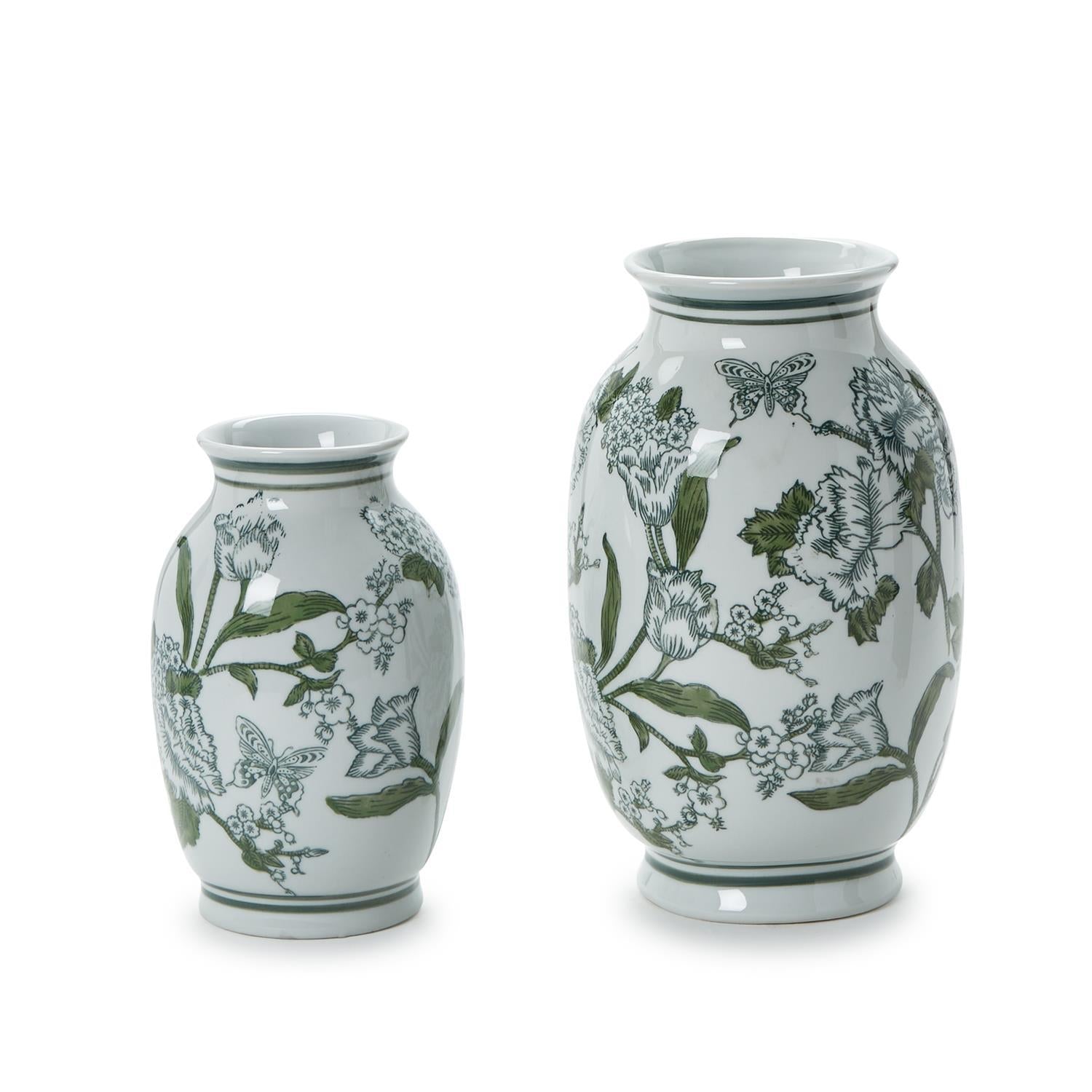 Primrose and Lotus Green and White Chinoiserie Vases Set Of 2