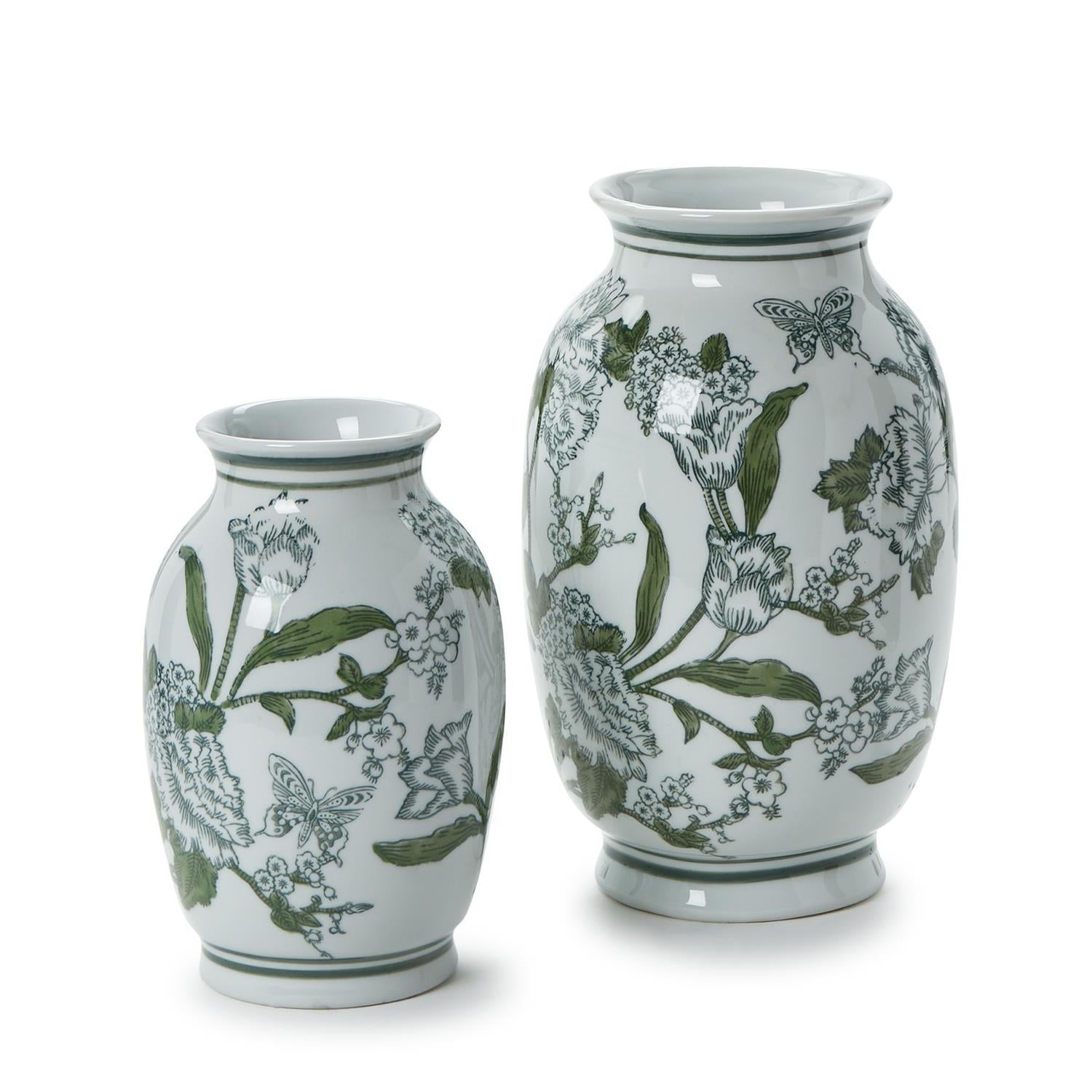 Primrose and Lotus Green and White Chinoiserie Vases Set Of 2