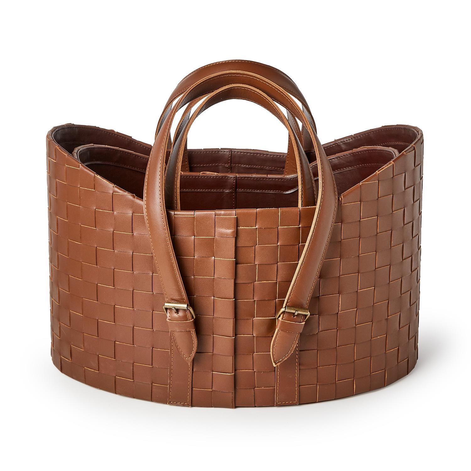 Set of 2 Genuine Leather Basketweave Baskets