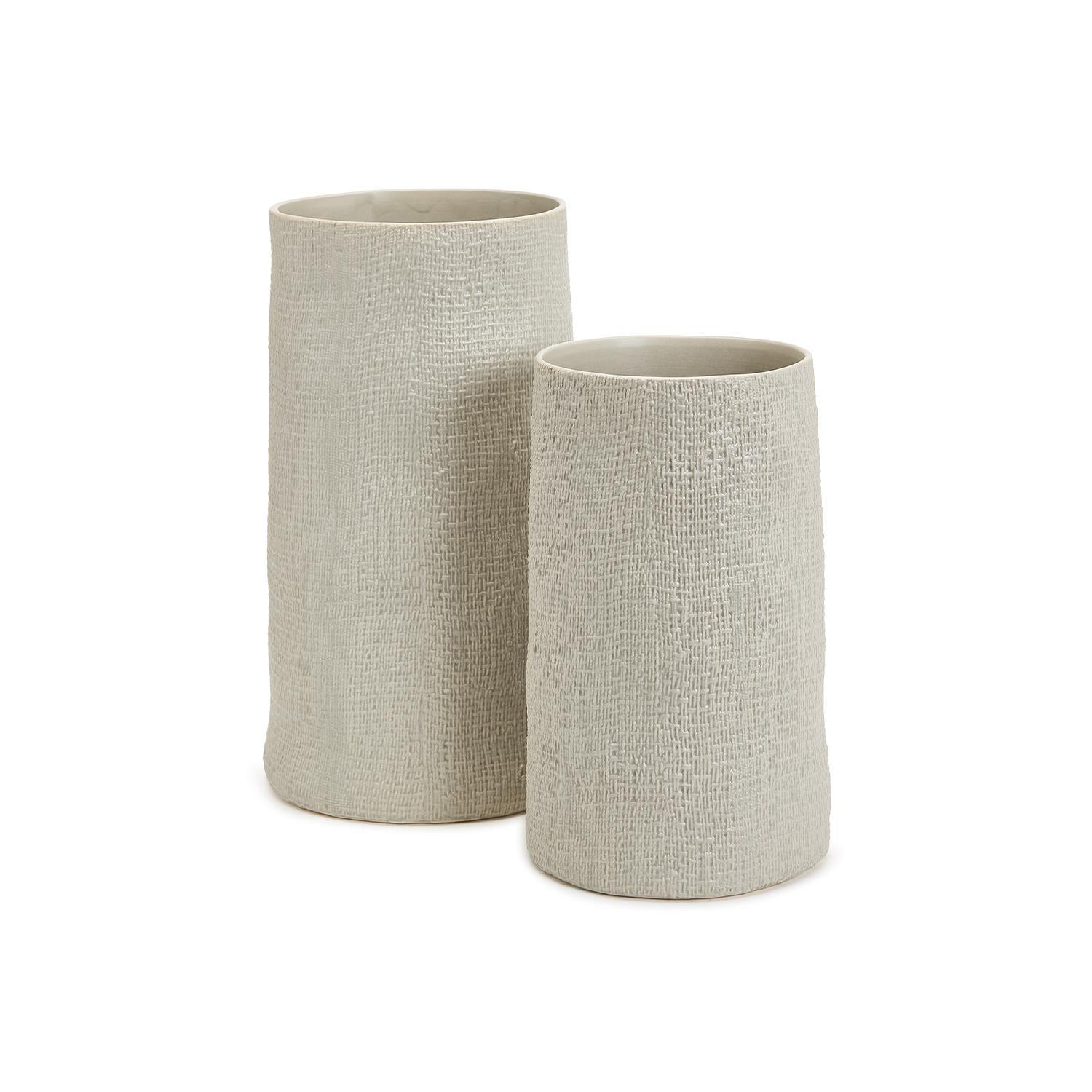 Set of 2 Shitake Beige Tall Ceramic Cylinder Vase