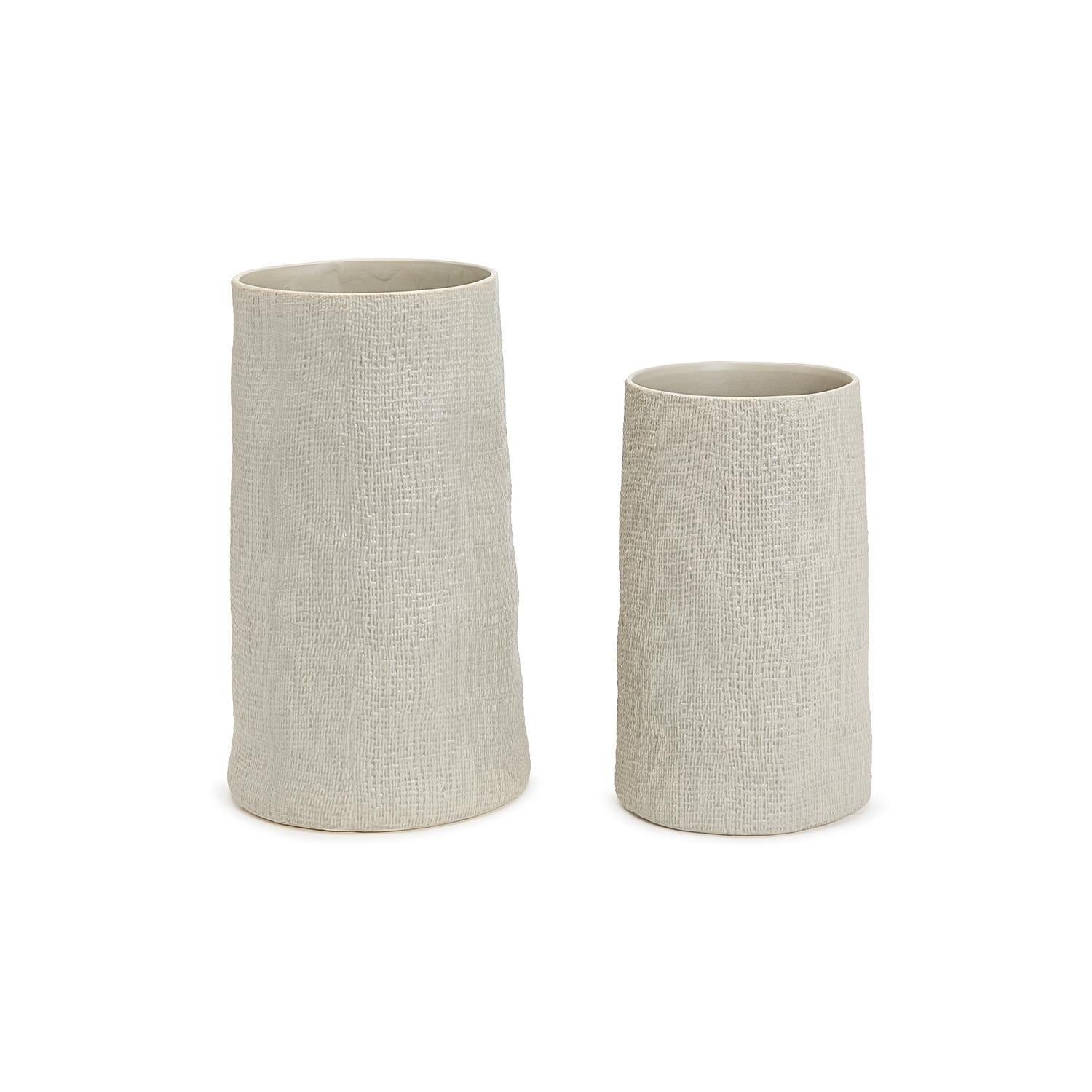 Set of 2 Shitake Beige Tall Ceramic Cylinder Vase