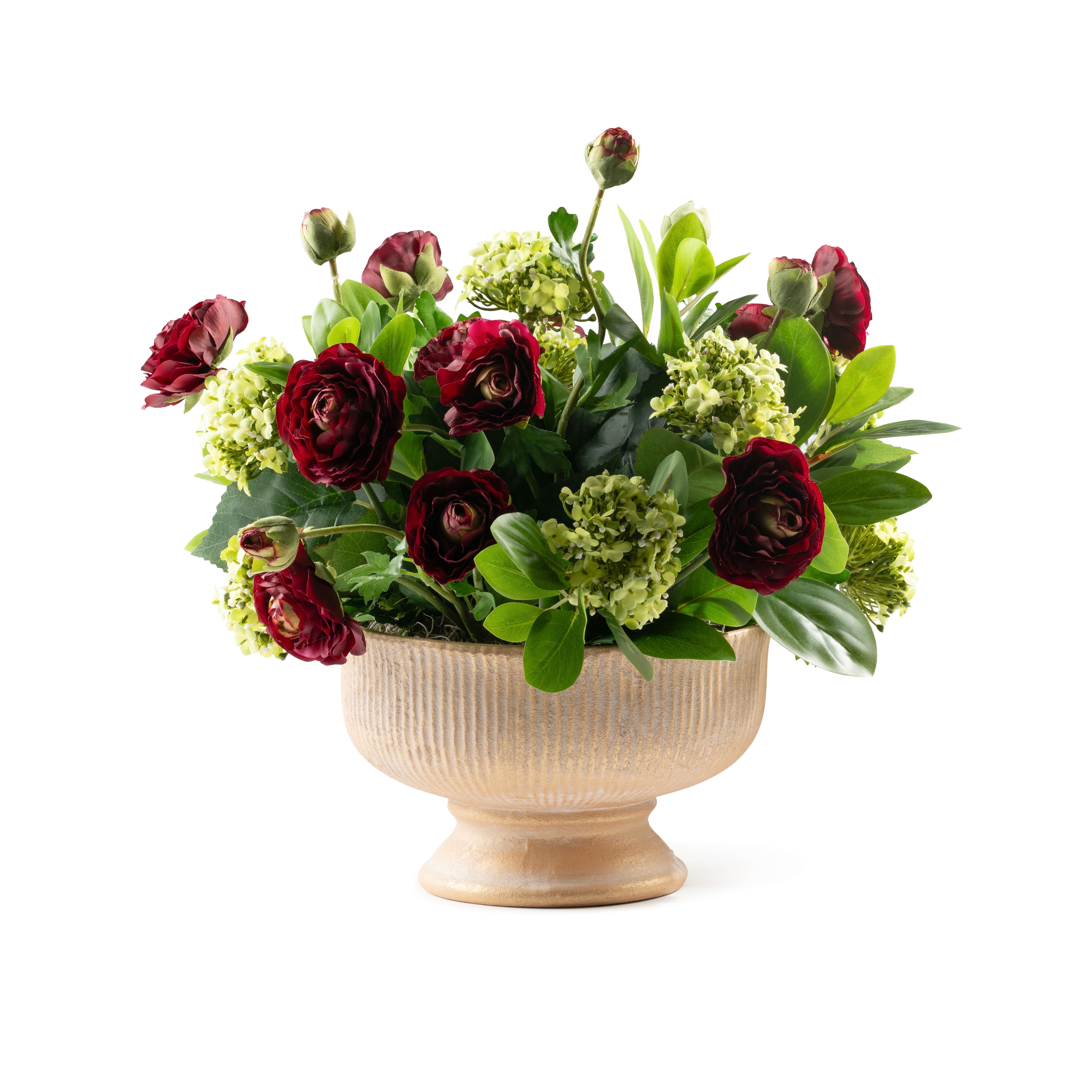 DH Ranunculus And Snowball Bunch in Gold Pedestal Vase