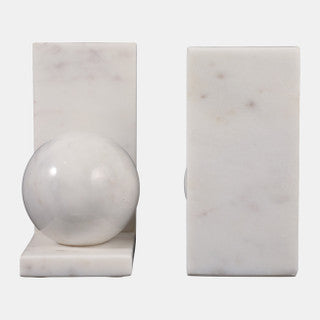 S/2 White 6" Marble Bookend With 3" Orb
