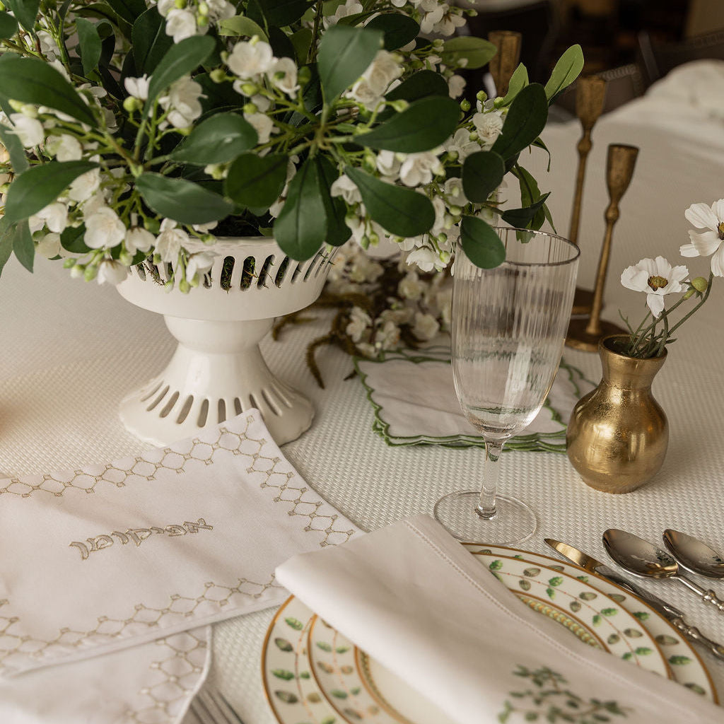 Magnificent Basketweave Woven White Tablecloth