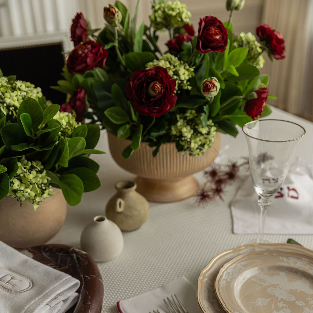 DH Ranunculus And Snowball Bunch in Gold Pedestal Vase