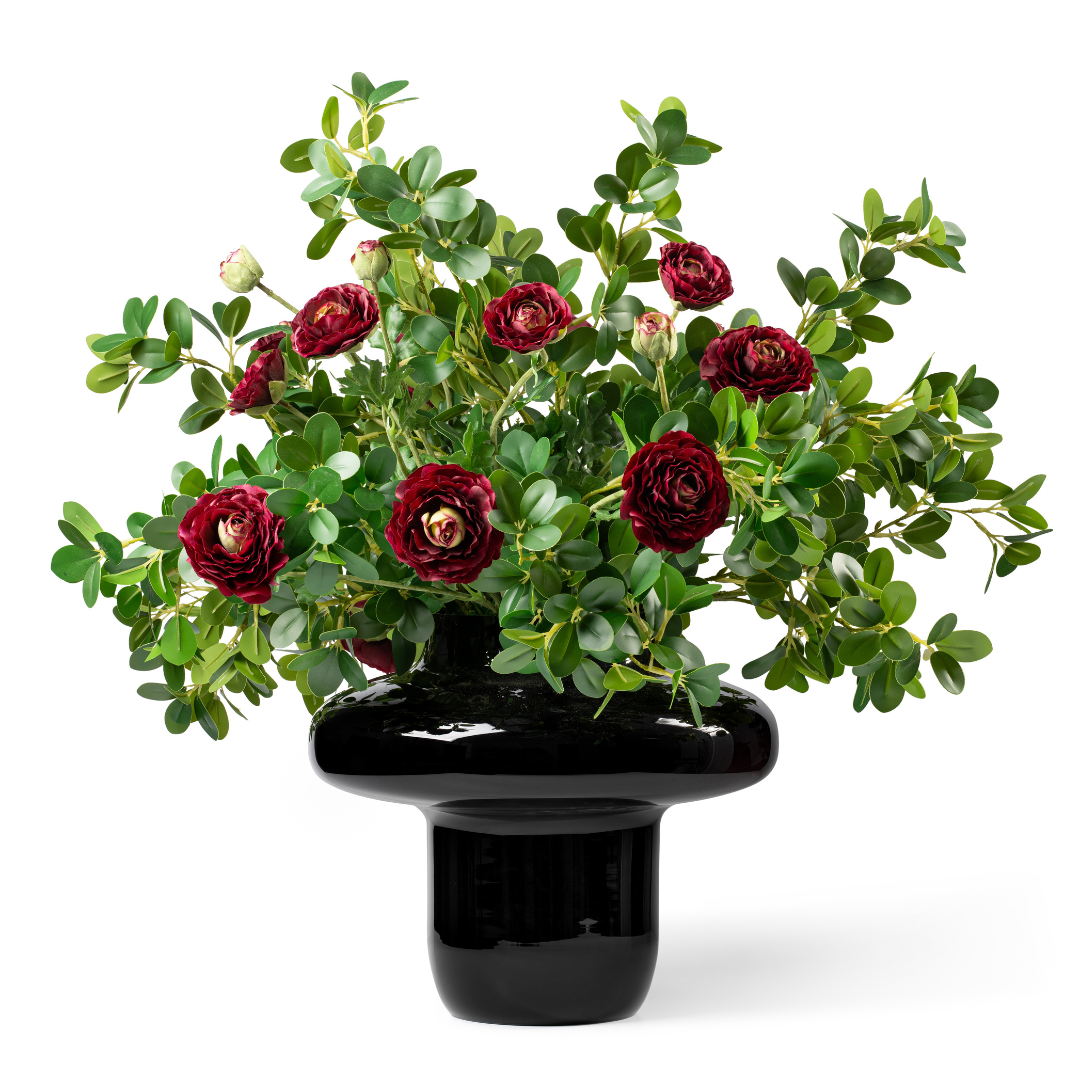 DH Burgundy Ranunculus Black Glass Vase