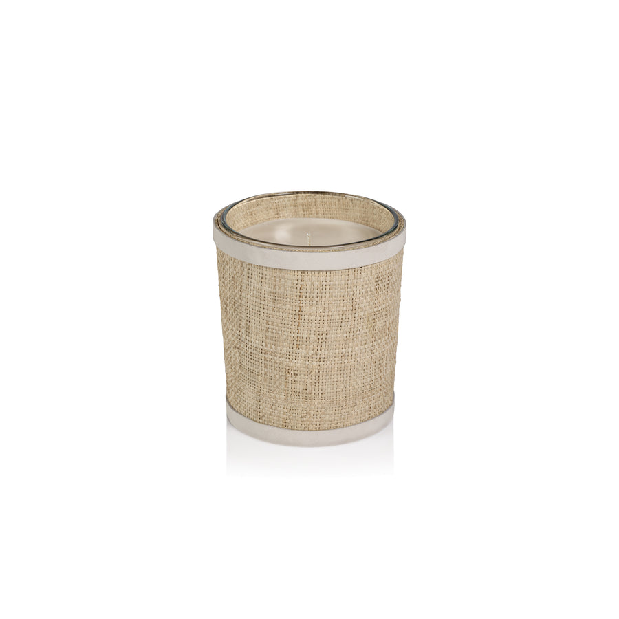 Candle in Natural Raffia Basket with Leather Trim