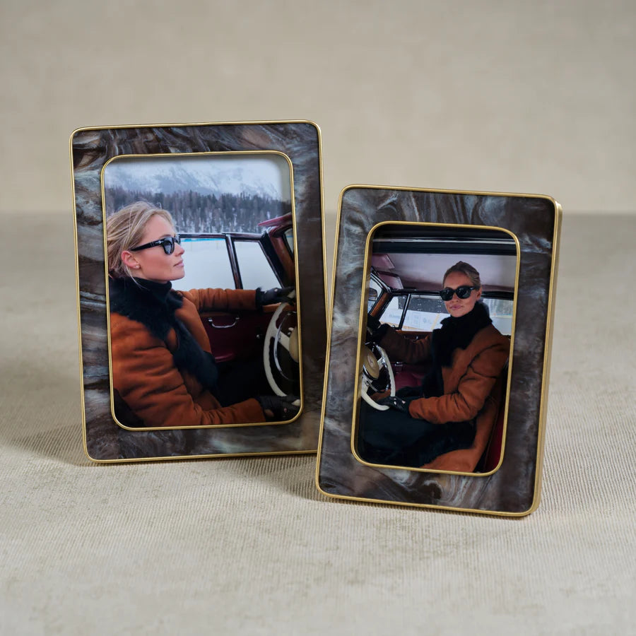 Marbled Hazel Resin Photo Frame with Antique Brass Trim