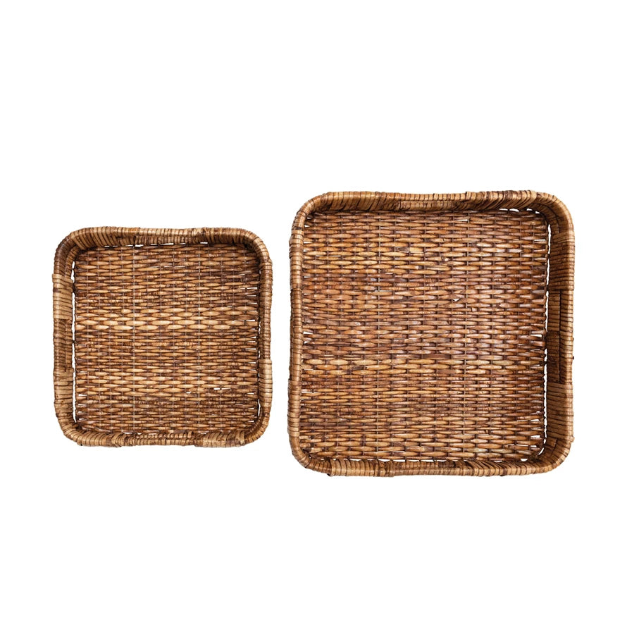 Hand - Woven Rattan Trays with Handles, Set of 2