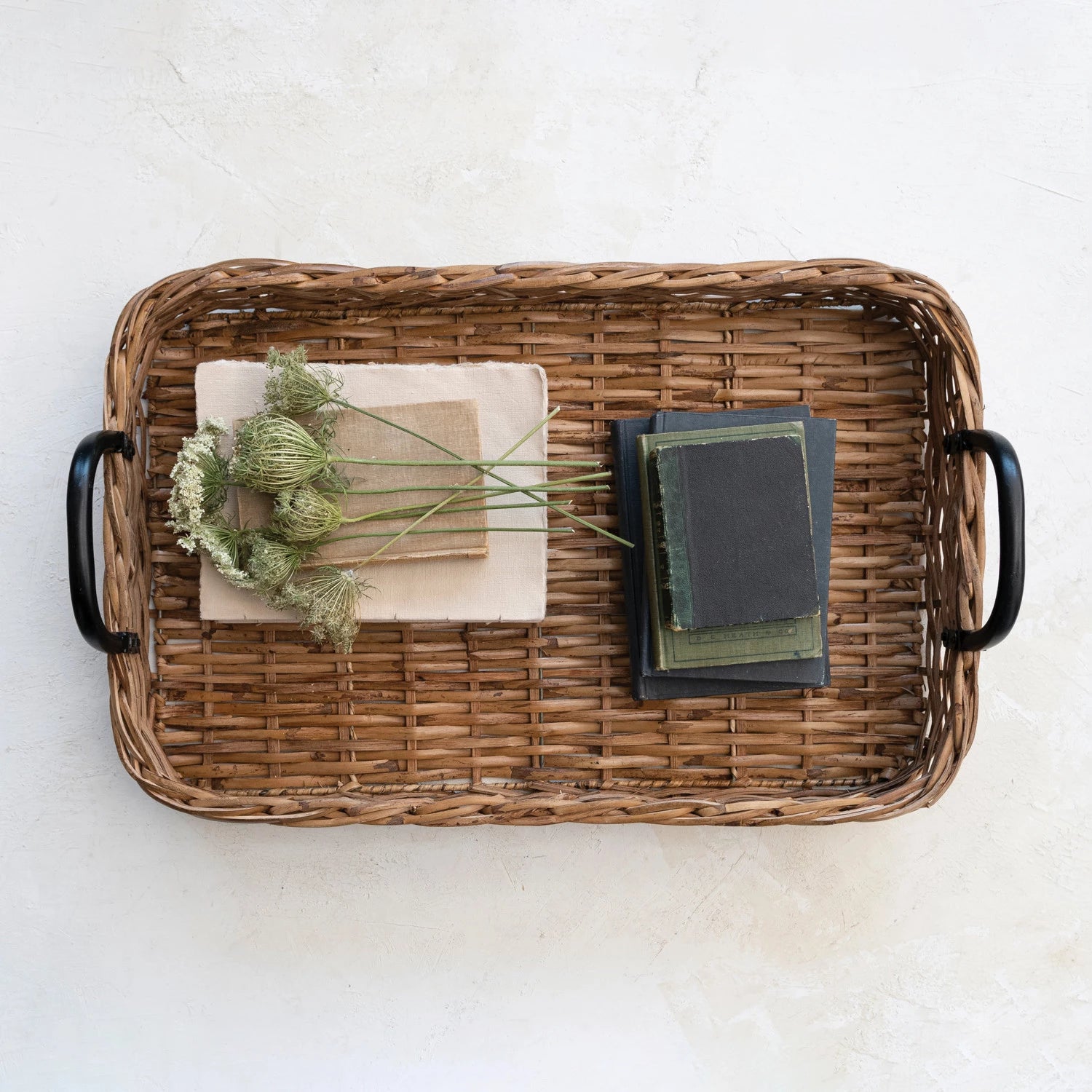 Decorative Hand-Woven Rattan Tray with Metal Handles