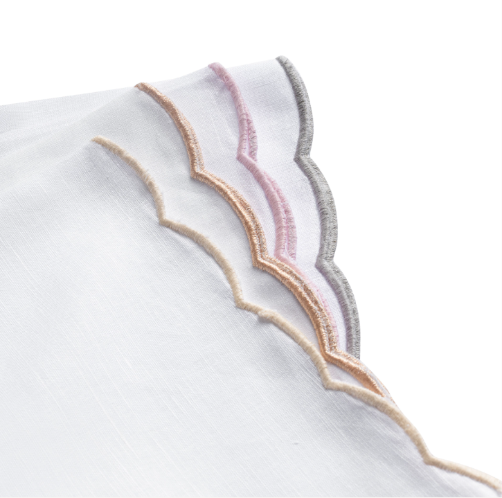 White Linen Cloth Napkins Scalloped Edges in Light Pink Set of 6 