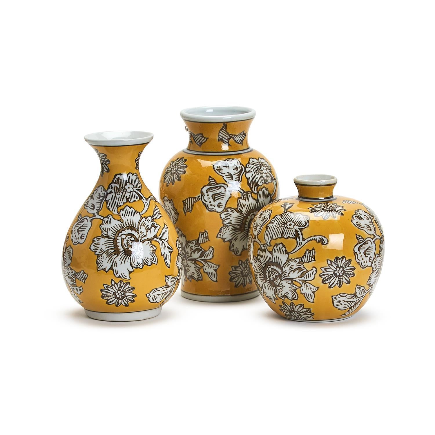 Blossoming Set of 3 Yellow Chinioserie Vase