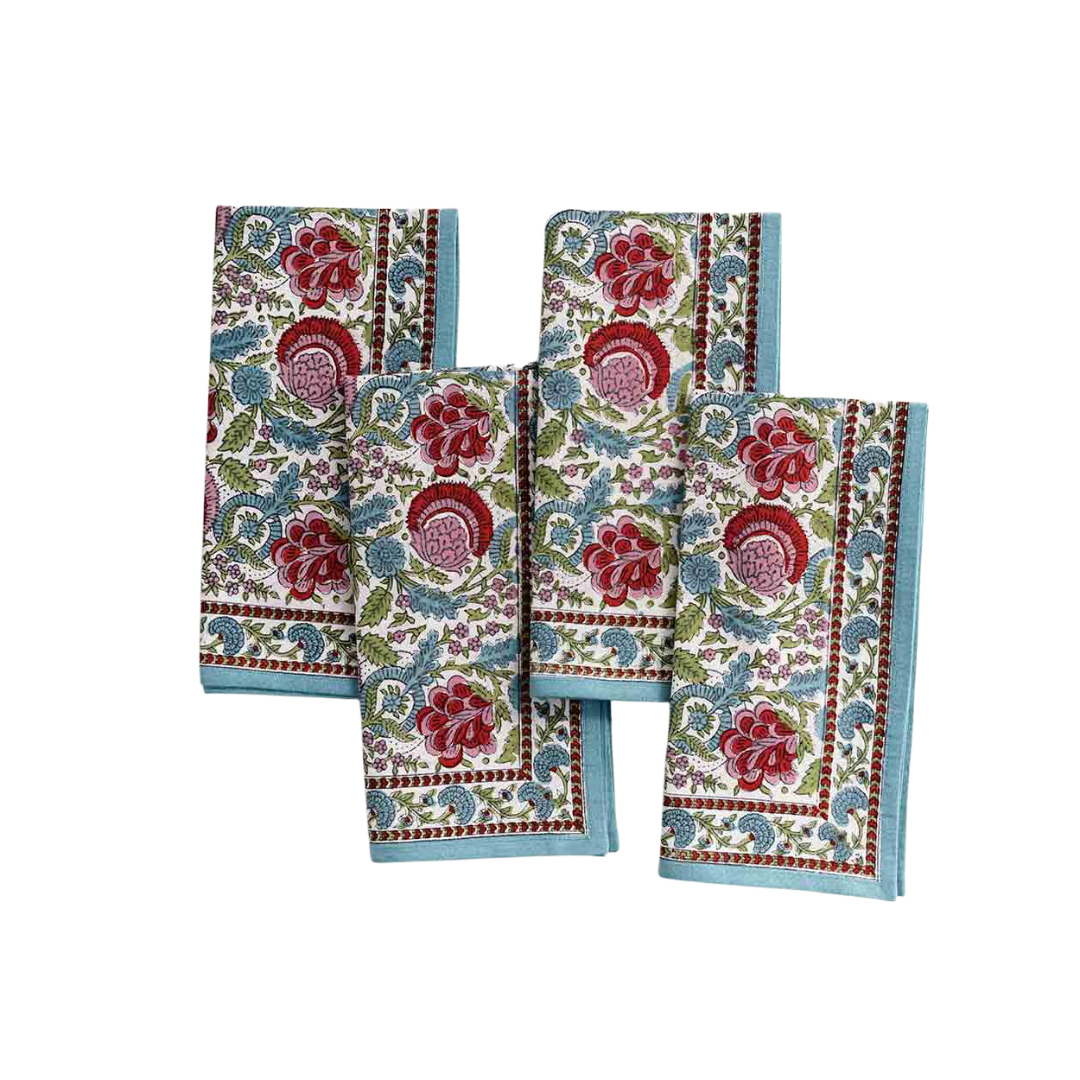 Turquoise Floral Napkins Set Of 4