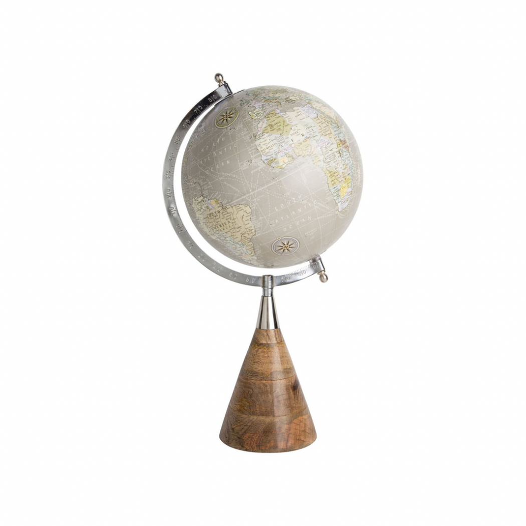 silver and wood globe